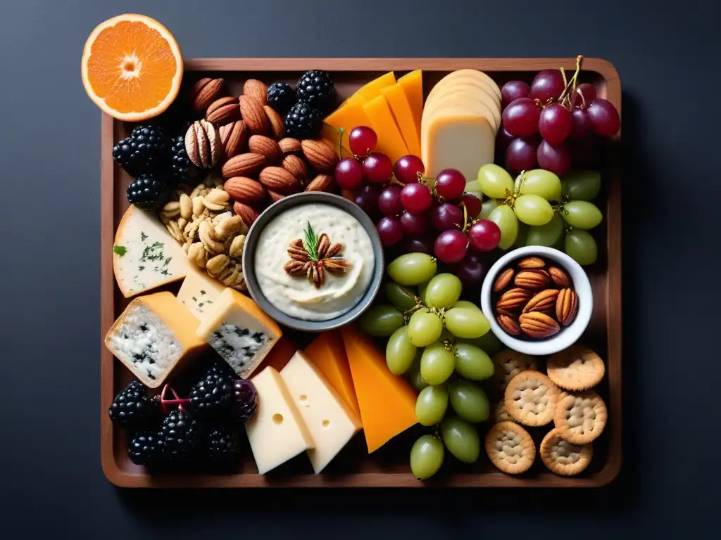 Una exquisita tabla vegana de charcutería, con quesos, frutas, nueces y crackers, ideal para celebraciones