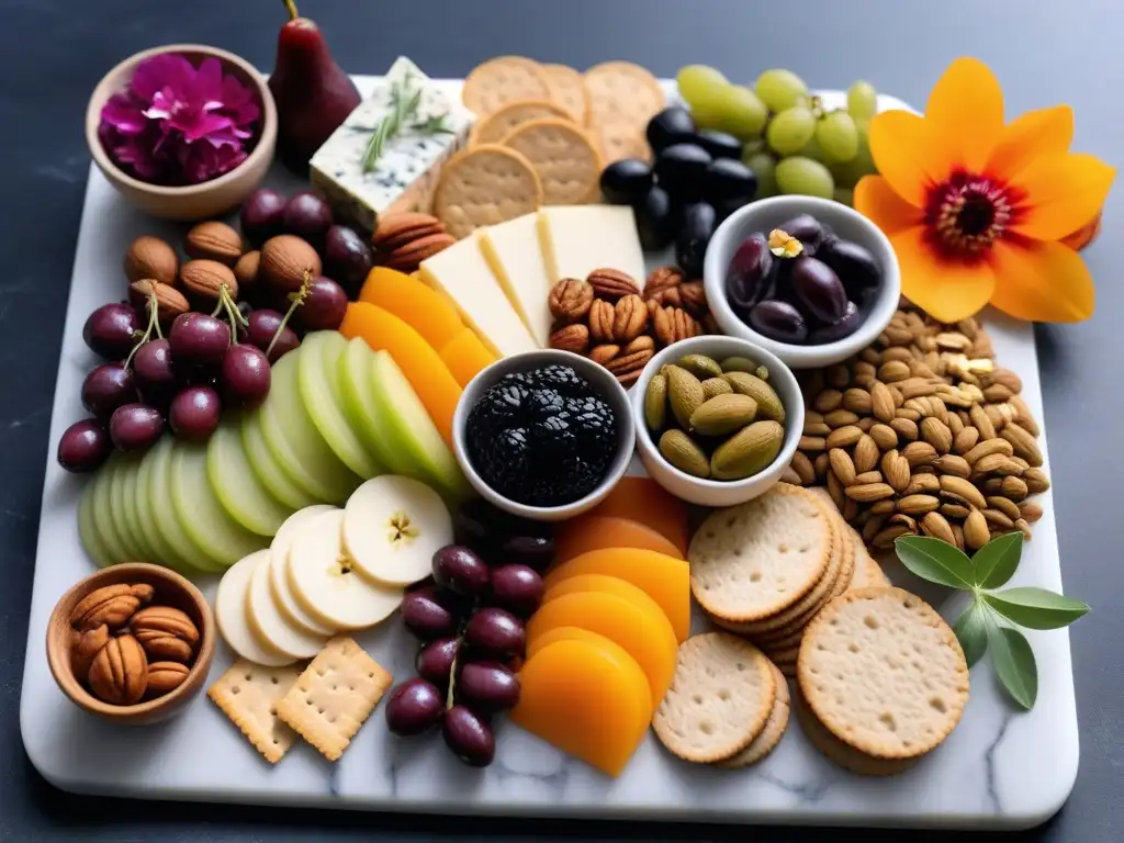 Una exquisita tabla vegana para fiestas y celebraciones, con quesos, frutas y nueces en una presentación elegante