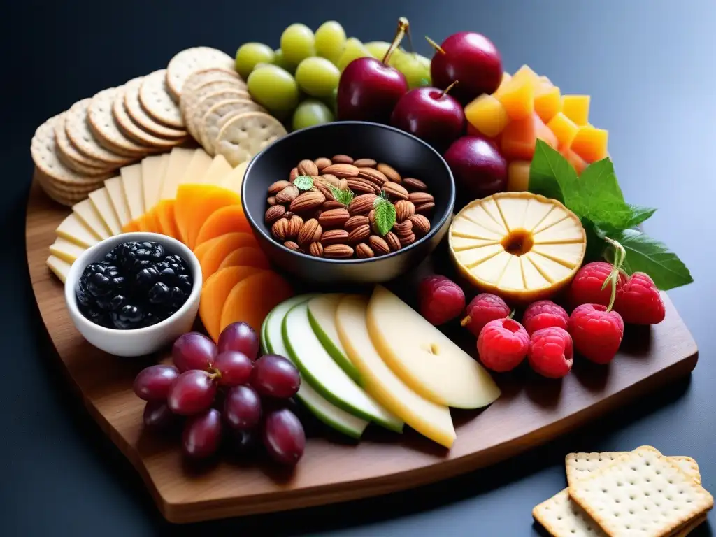 Una exquisita tabla vegana con frutas, vegetales, quesos y crackers, resplandece bajo la luz solar