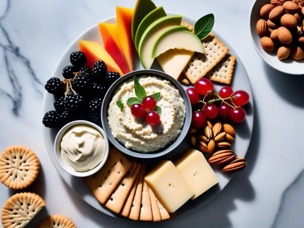 Una exquisita tabla vegana con quesos, frutas y frutos secos, perfecta para cenas veganas temáticas internacionales recetas