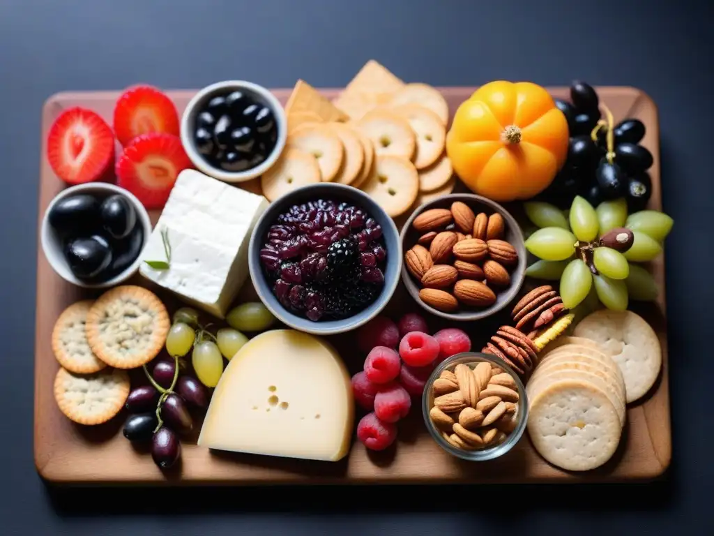 Una exquisita tabla vegana con quesos, frutas, nueces y aceitunas, sobre un plato de madera, iluminada naturalmente