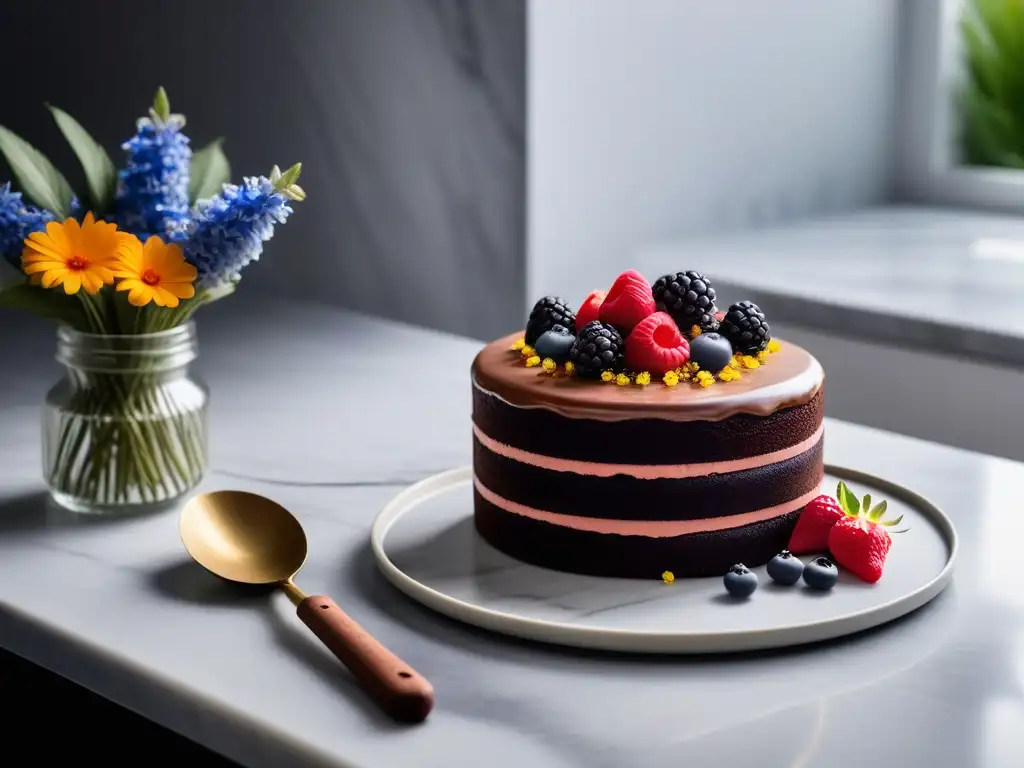 Exquisita tarta crudivegana de chocolate con frutas y flores comestibles en encimera de mármol