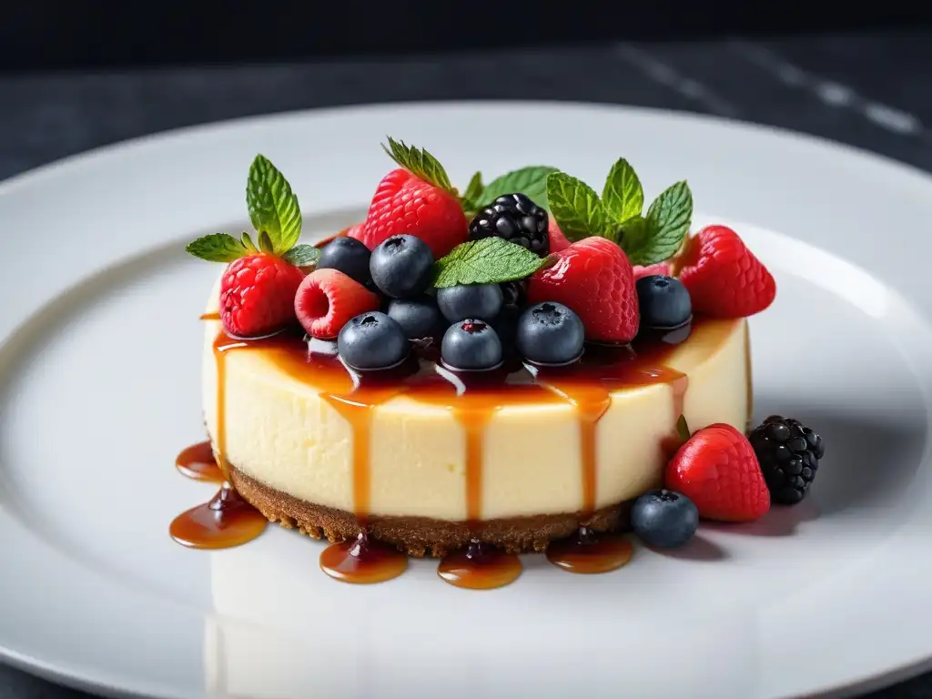 Una exquisita tarta de queso vegana fácil con bayas frescas y salsa de caramelo sobre encimera de mármol