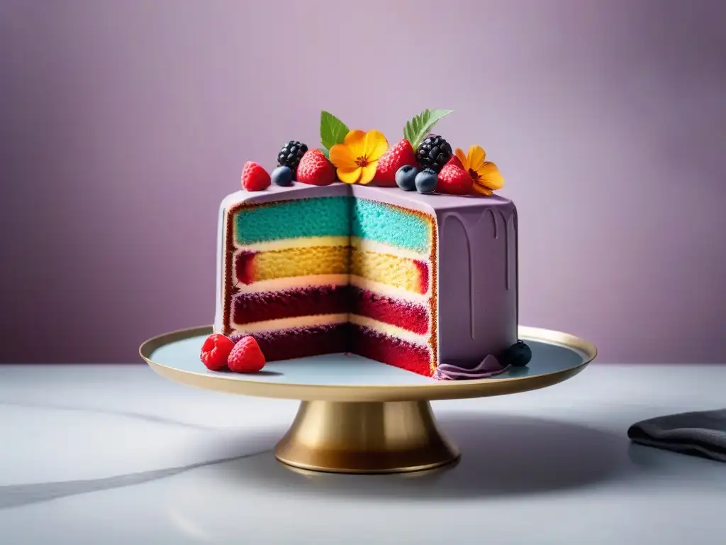 Una exquisita tarta vegana arcoíris con bayas frescas, flores comestibles y toques de oro, sobre un elegante soporte de mármol