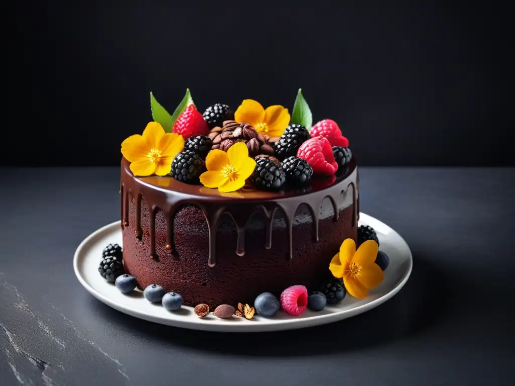 Una exquisita tarta vegana de chocolate con cacao crudo, ganache y bayas frescas en plato blanco sobre fondo negro