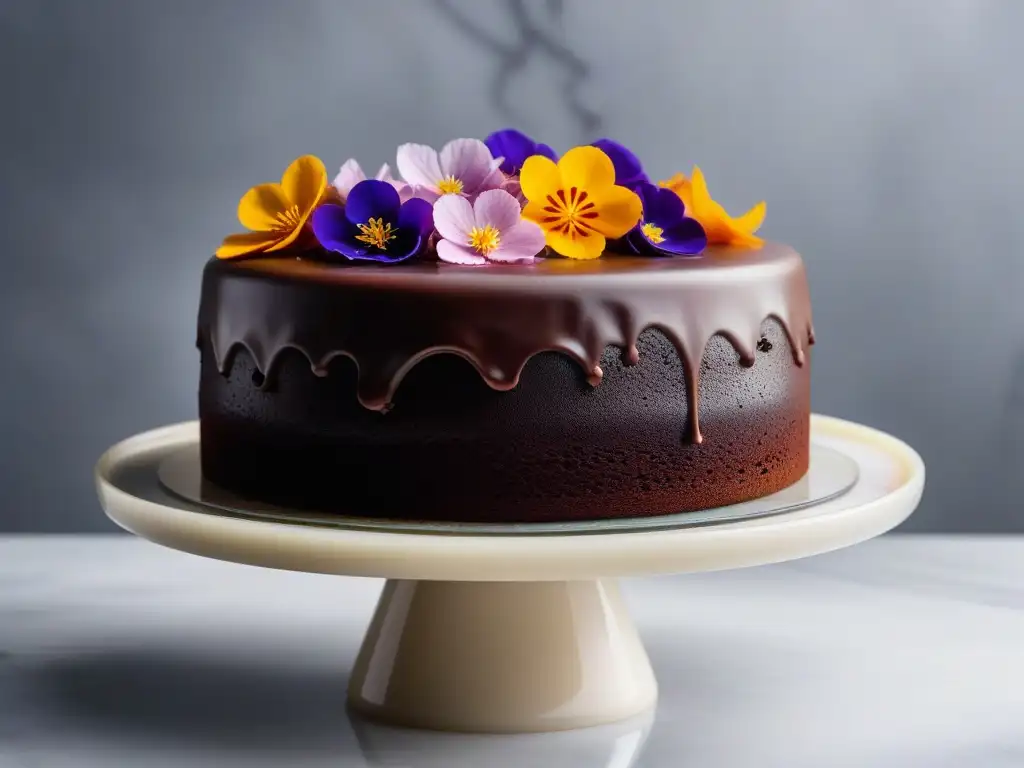 Una exquisita tarta vegana de chocolate con flores comestibles y técnicas pastelería vegana principiantes