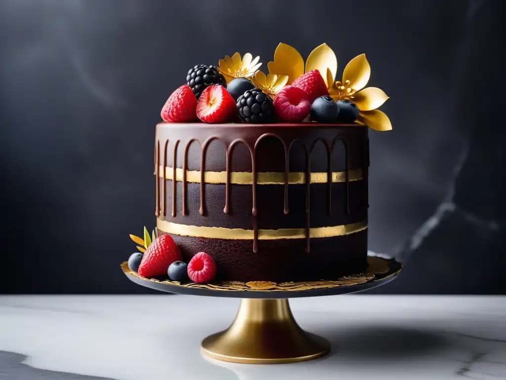 Una exquisita tarta vegana decorada con sabores combinados y detalles lujosos