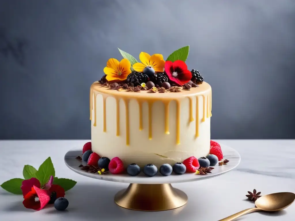 Una exquisita tarta vegana decorada con flores comestibles, bayas frescas y virutas de chocolate, sobre encimera de mármol