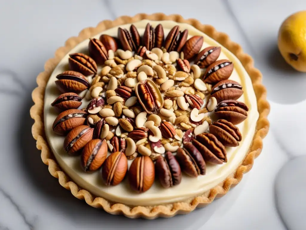 Una exquisita tarta vegana con frutos secos sobre encimera de mármol