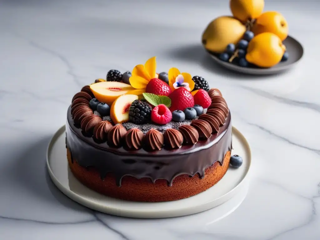 Una exquisita tarta vegana sin gluten, decorada con frutas y flores comestibles, en una elegante encimera de mármol