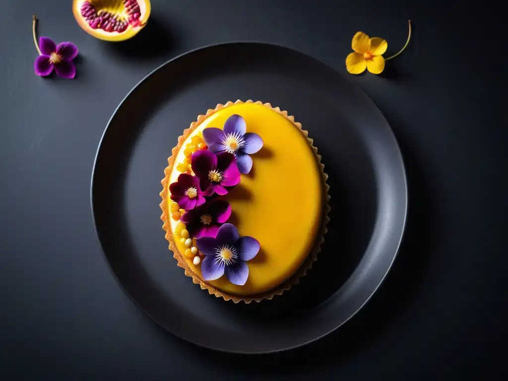 Una exquisita tarta vegana de mango y maracuyá con flores comestibles y detalles en hoja de oro