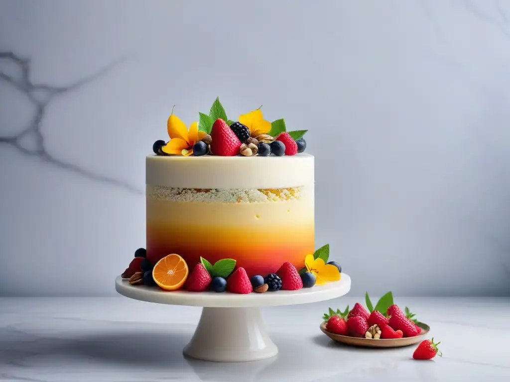 Exquisita tarta vegana con sabores combinados y decoraciones innovadoras en mármol blanco