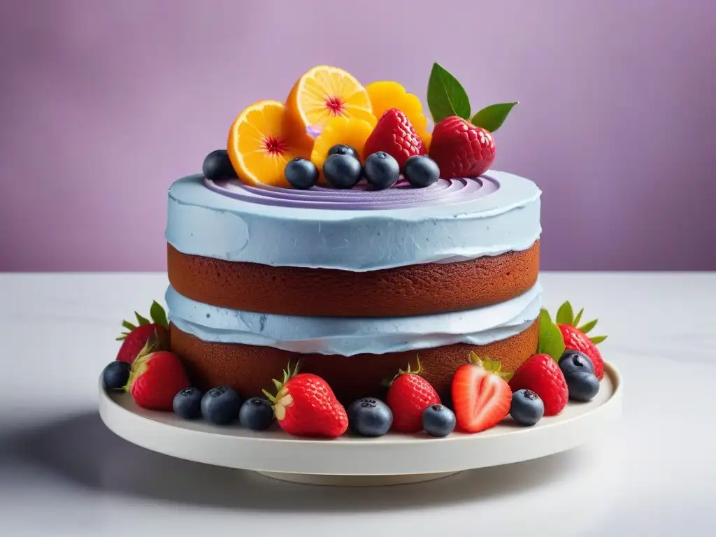 Una exquisita tarta vegana con sabores combinados, decorada con frutas frescas y flores comestibles