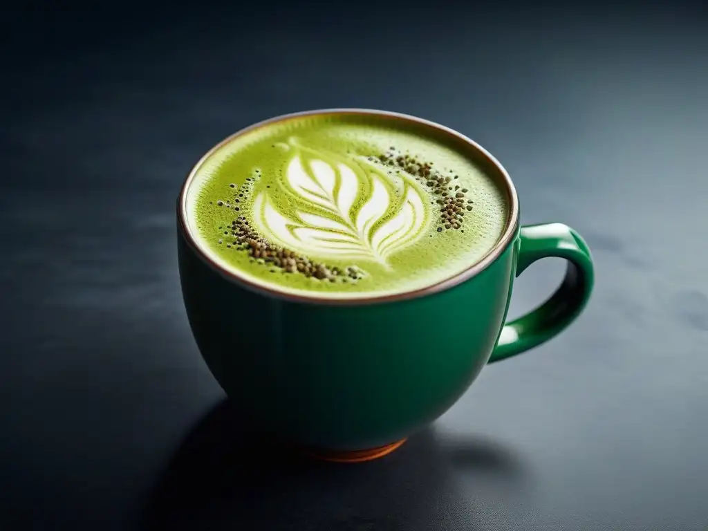 Una exquisita taza de matcha premium vegano con espuma y polvo verde, resaltando sus beneficios