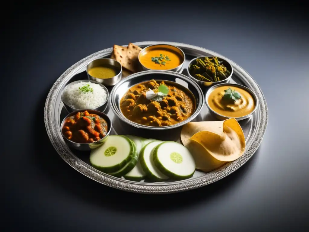 Una exquisita thali vegana india en plato de plata, deslumbrante por su diversidad y arte culinario