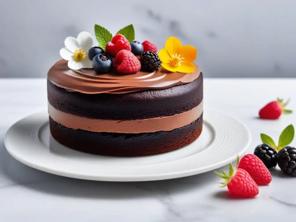 Una exquisita torta vegana de chocolate decorada con frutas y flores comestibles, en un elegante plato blanco en una cocina moderna y luminosa