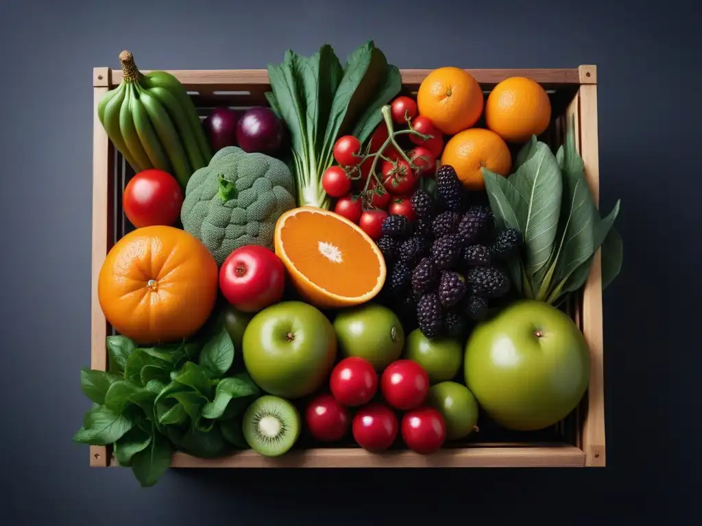 Exquisita transición a dieta vegana saludable con variedad de frutas y verduras frescas y coloridas en una elegante caja de madera