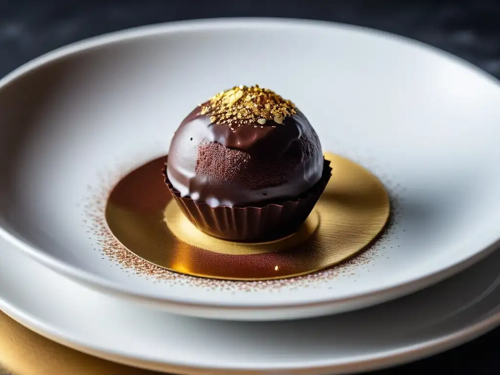 Una exquisita trufa vegana de chocolate con polvo de cacao y láminas de oro comestible, en una elegante plato mate