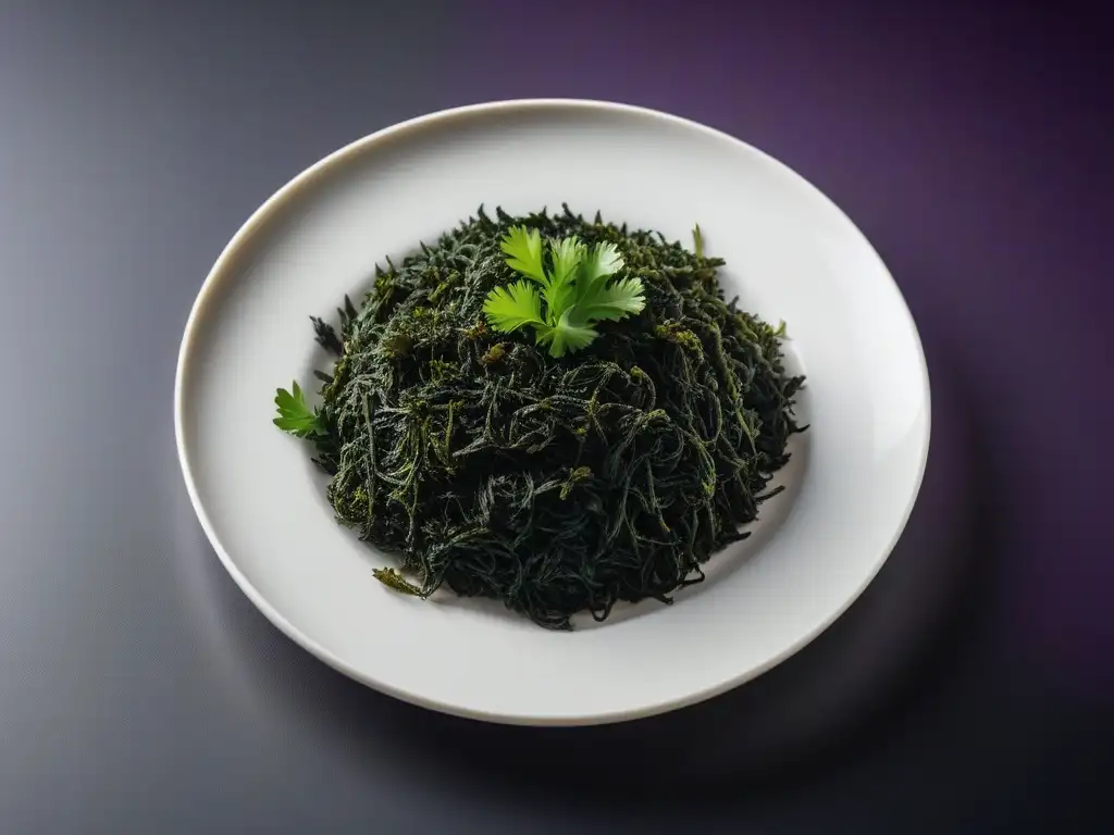 Una exquisita variedad de algas marinas recién cosechadas en un plato blanco, resaltando sus texturas y colores naturales bajo una luz suave