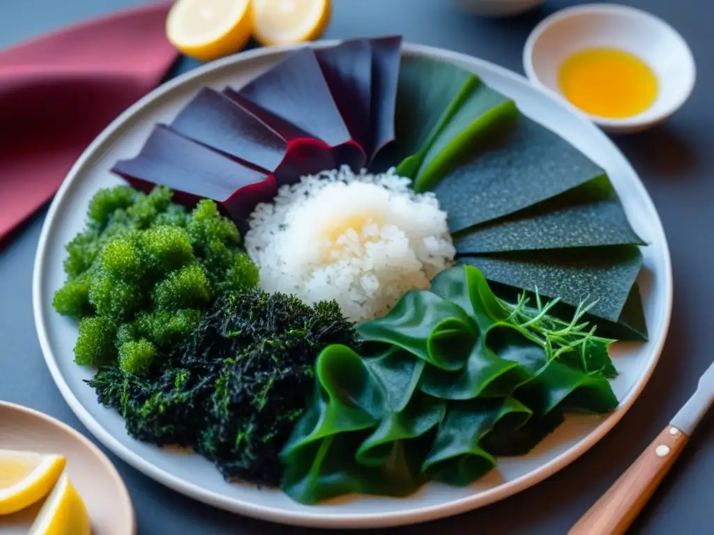Selección exótica de algas veganas: nori, wakame, dulse y kombu Una exquisita variedad de algas nutrirás en un plato moderno