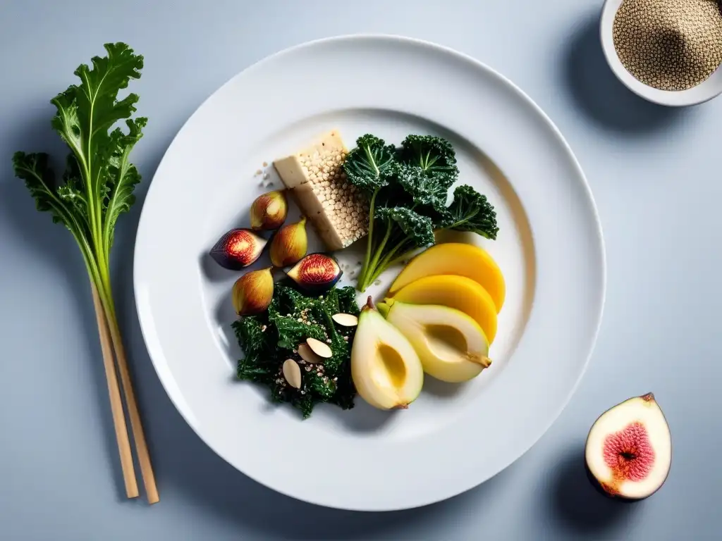 Delicioso banquete vegano: alimentos ricos en calcio en plato blanco Una exquisita variedad de alimentos ricos en calcio en una elegante presentación blanca