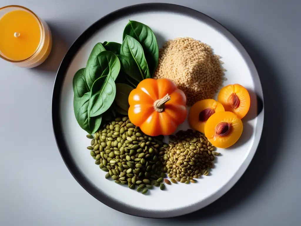 Exquisita variedad de alimentos veganos ricos en hierro en un plato blanco brillante