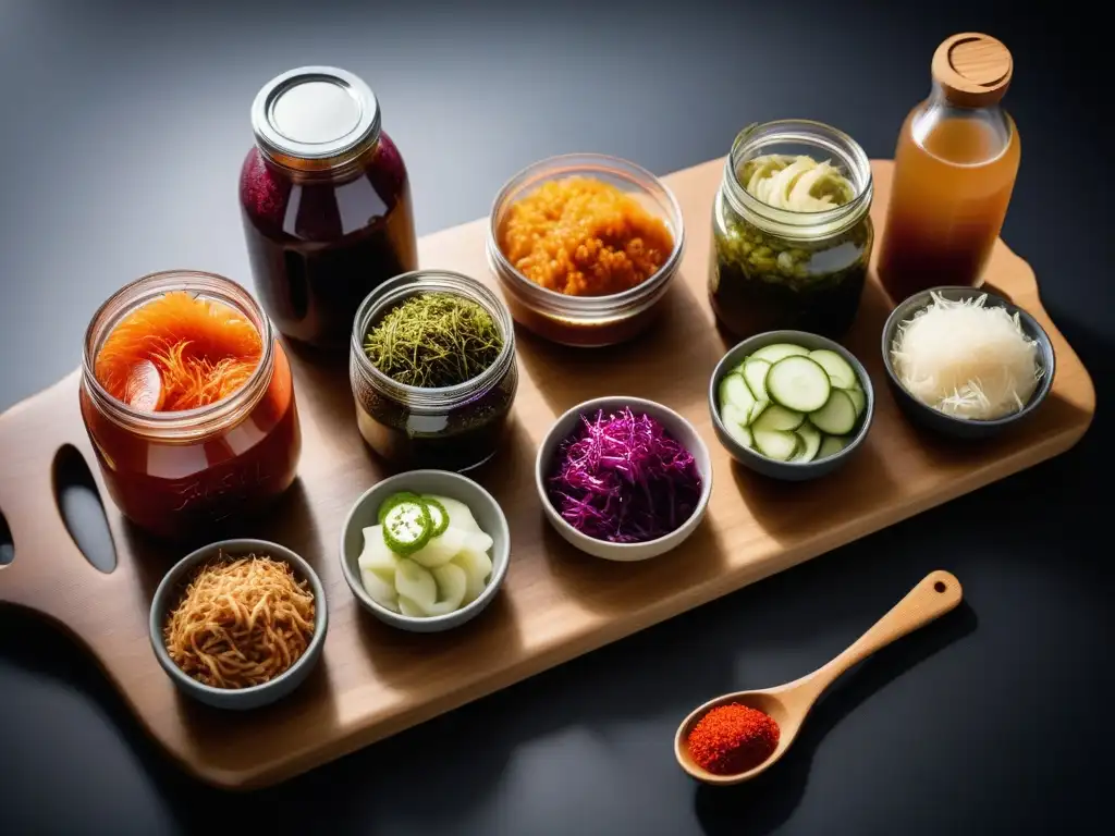 Una exquisita variedad de alimentos veganos fermentados, presentados con elegancia en una tabla de madera moderna