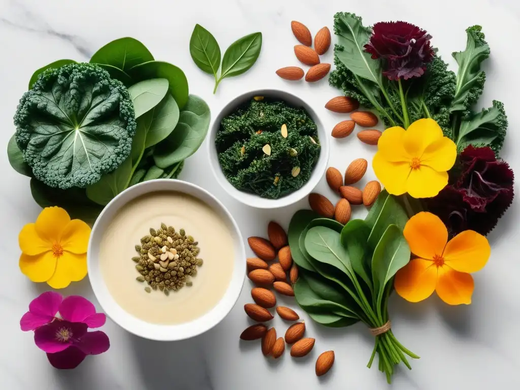 Una exquisita variedad de alimentos vegetales ricos en calcio, presentados con elegancia en una mesa de mármol blanco