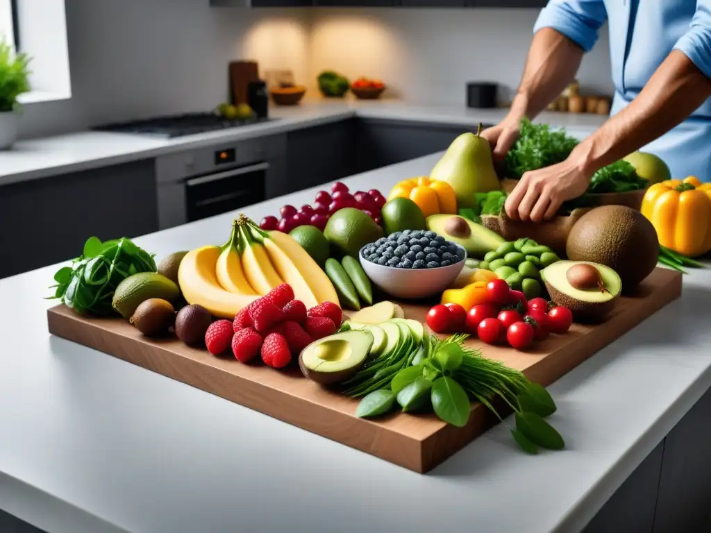 Una exquisita variedad de alimentos vegetales coloridos y ricos en nutrientes en una cocina moderna