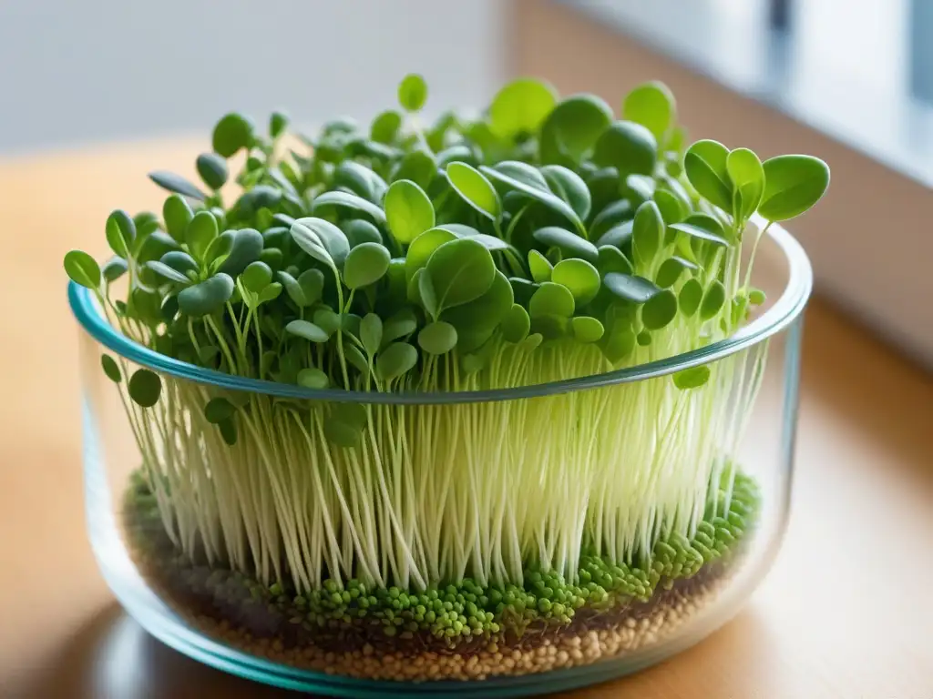 Una exquisita variedad de brotes y germinados caseros en un elegante recipiente de vidrio, resaltando sus colores y texturas