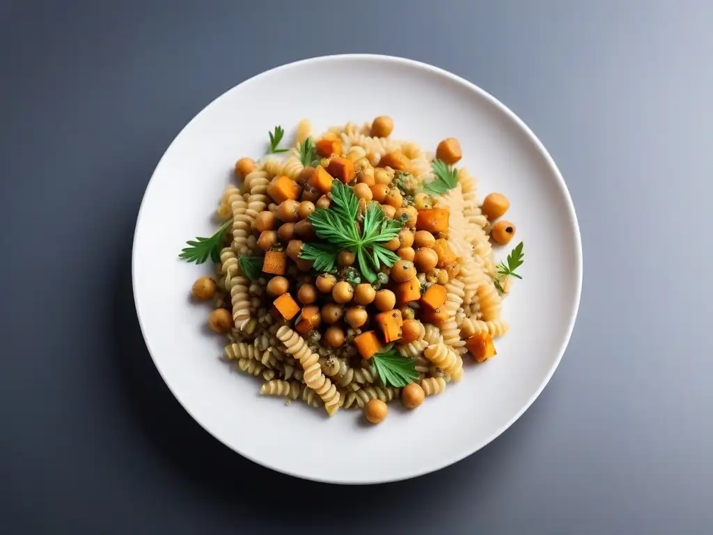 Una exquisita variedad de carbohidratos complejos para un rendimiento deportivo óptimo, como quinoa, batatas, lentejas, arroz integral, garbanzos y pasta integral, presentados de forma detallada y colorida en un elegante plato blanco con hierbas frescas esparcidas