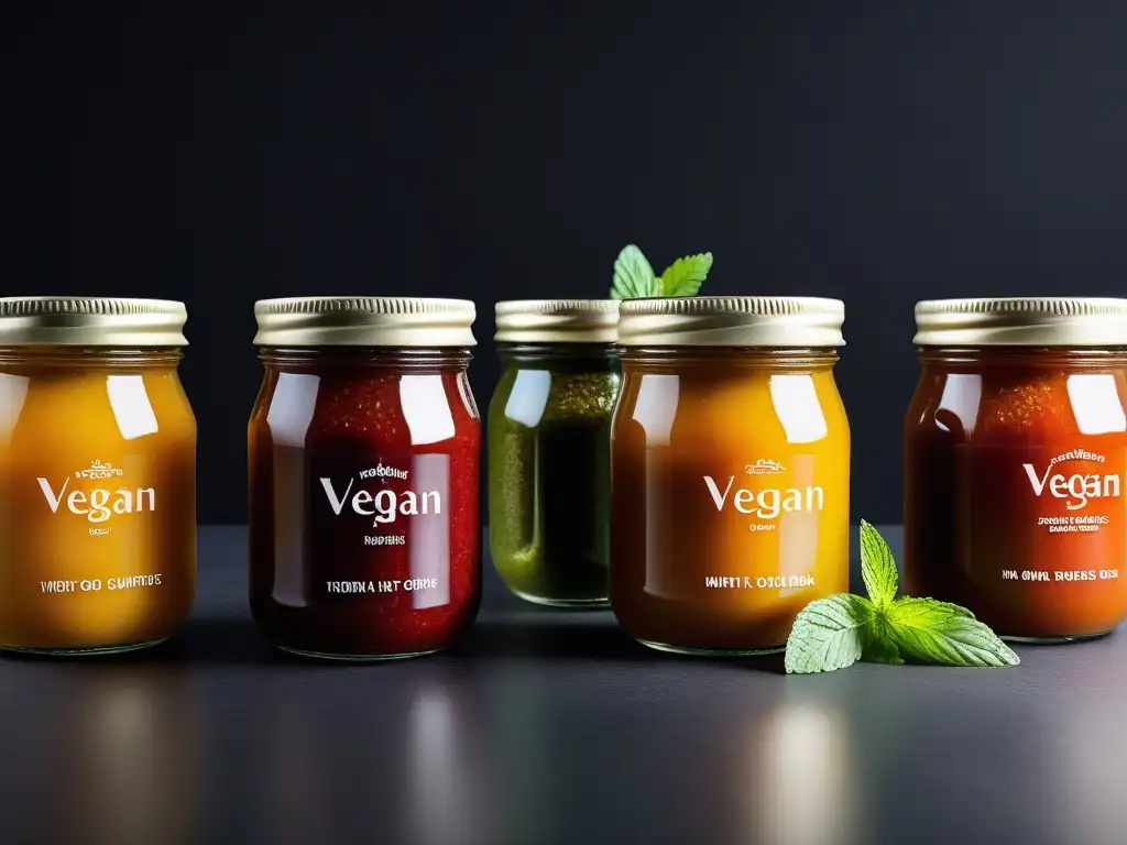 Una exquisita variedad de chutneys veganos indios en frascos de vidrio, con colores y sabores vibrantes