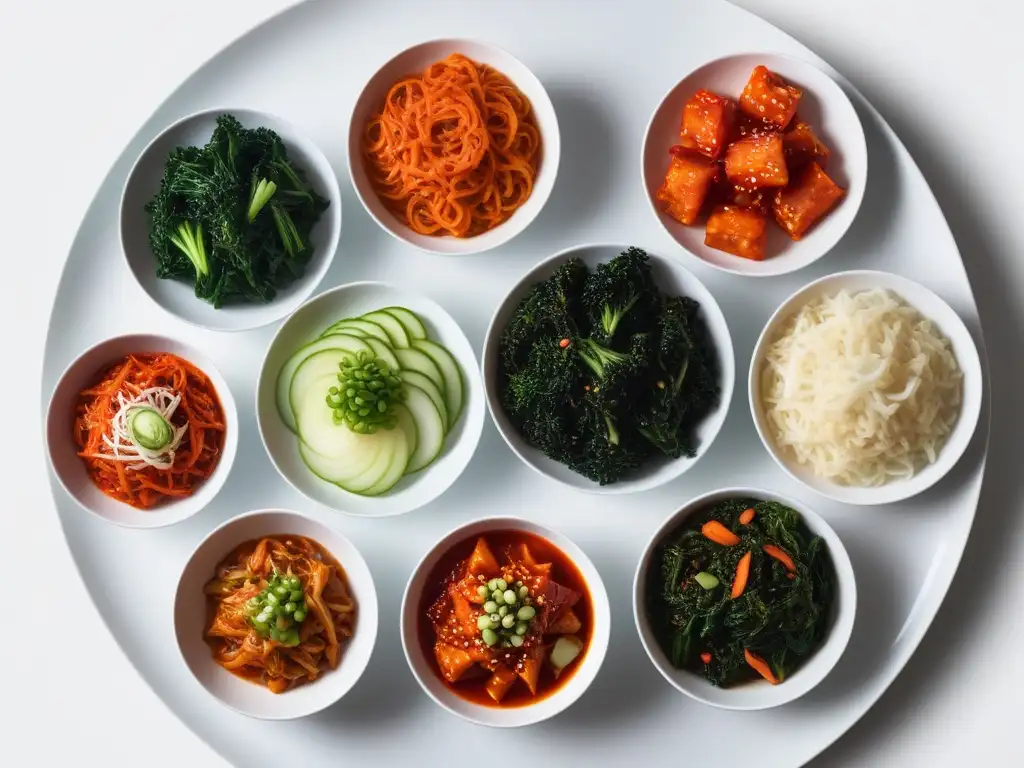 Una exquisita variedad de coloridos platillos de kimchi vegano saludable en un plato blanco minimalista