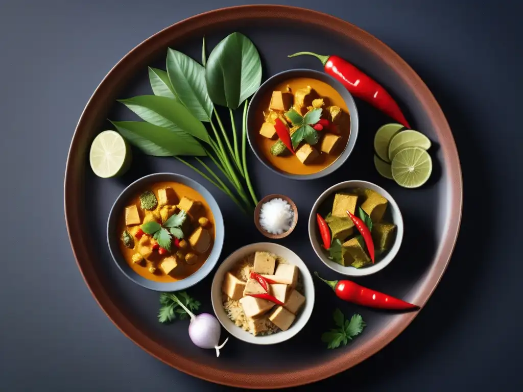 Una exquisita variedad de curries veganos del sudeste asiático, presentados con coloridos condimentos y elegantes platos cerámicos