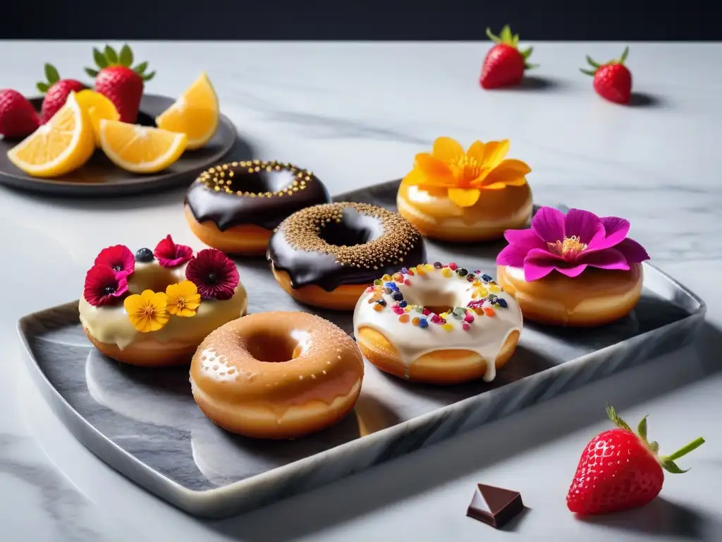 Exquisita variedad de donas veganas sin gluten, decoradas con frutas y flores comestibles en plato de mármol moderno