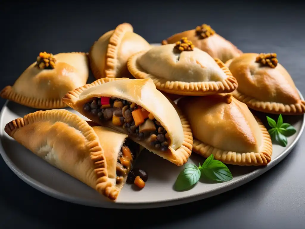 Una exquisita variedad de empanadas veganas sin gluten internacionales, con rellenos y decoraciones únicas, dispuestas en una elegante bandeja moderna