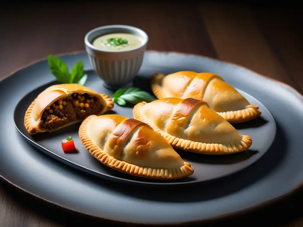 Una exquisita variedad de empanadas veganas sin gluten internacionales, doradas y llenas de coloridos ingredientes