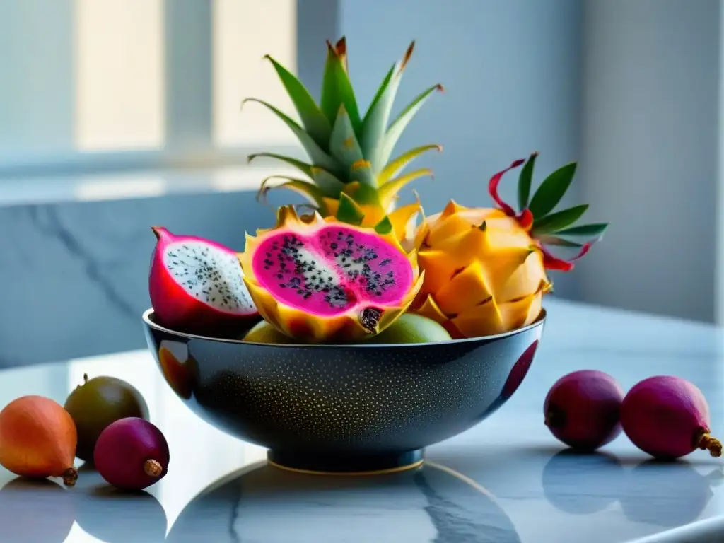 Una exquisita variedad de frutas exóticas veganas en un elegante tazón sobre una encimera de mármol, resaltando los Beneficios frutas exóticas veganas