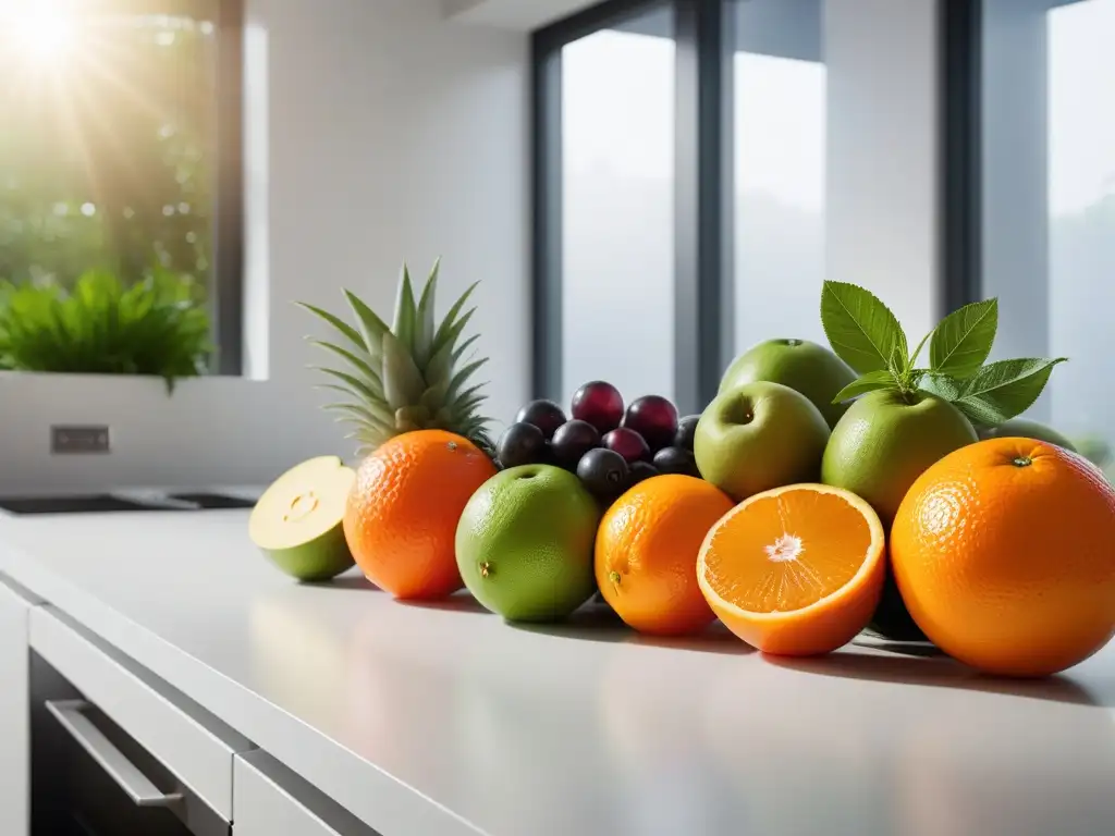 Una exquisita variedad de frutas y hierbas frescas y coloridas sobre una encimera de cocina moderna