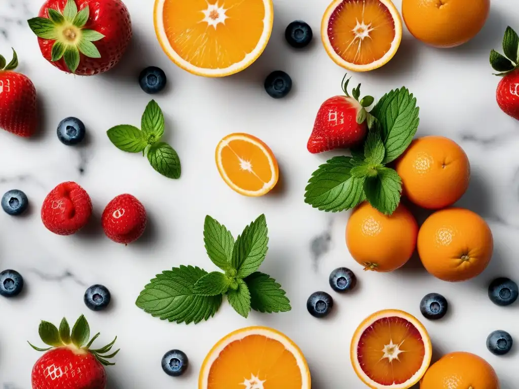 Una exquisita variedad de frutas y hierbas frescas y coloridas en un elegante mostrador de mármol blanco