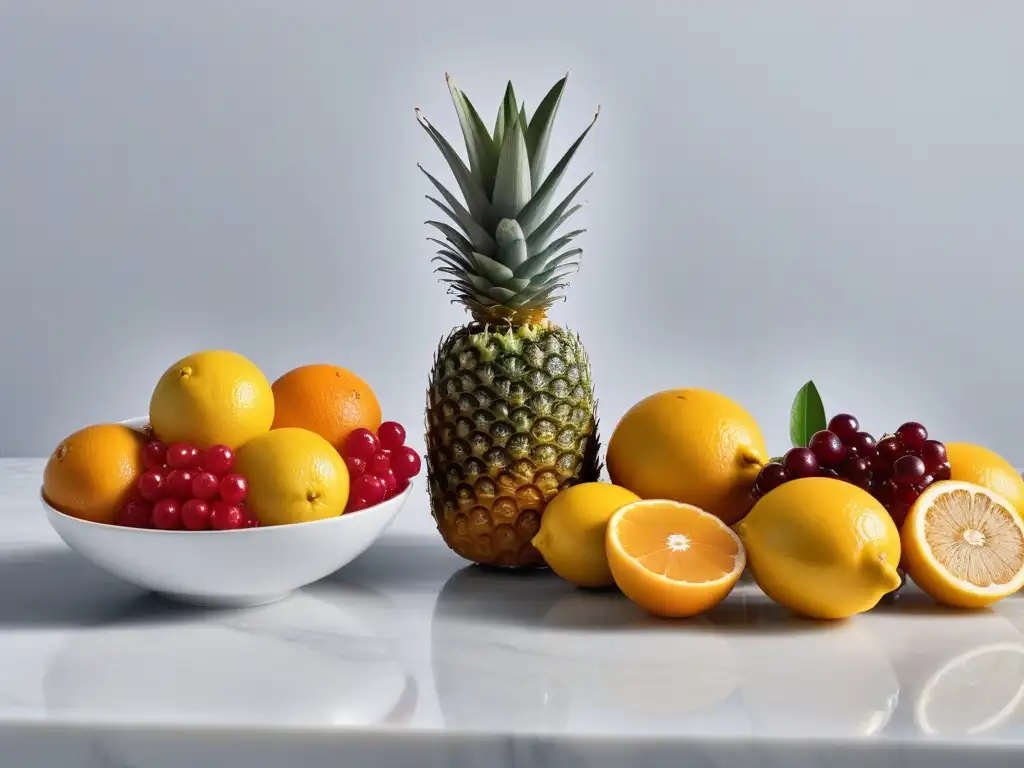 Una exquisita variedad de frutas orgánicas y coloridas sobre mármol blanco