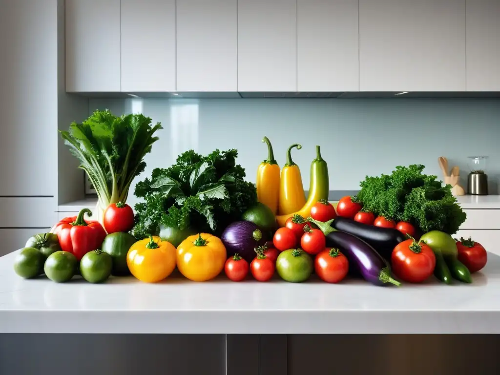 Una exquisita variedad de frutas y verduras frescas en una cocina moderna