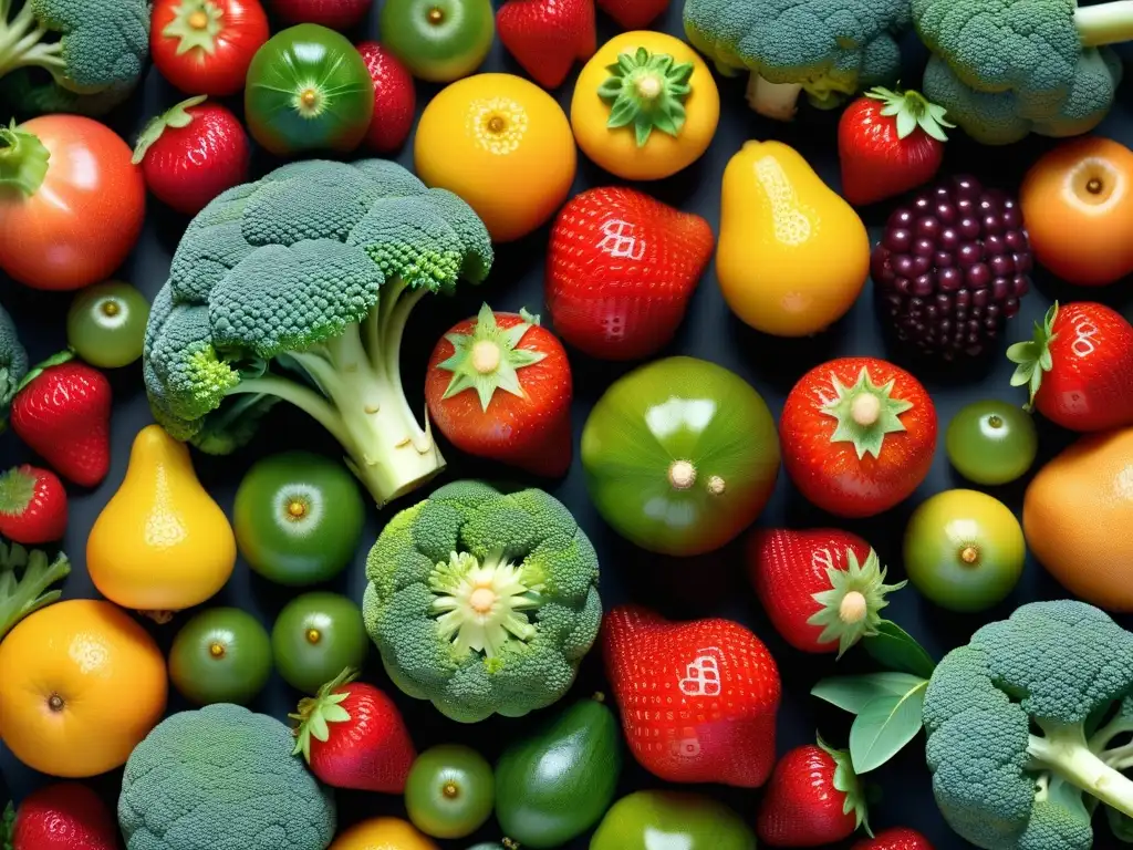 Una exquisita variedad de frutas y verduras en un patrón vibrante