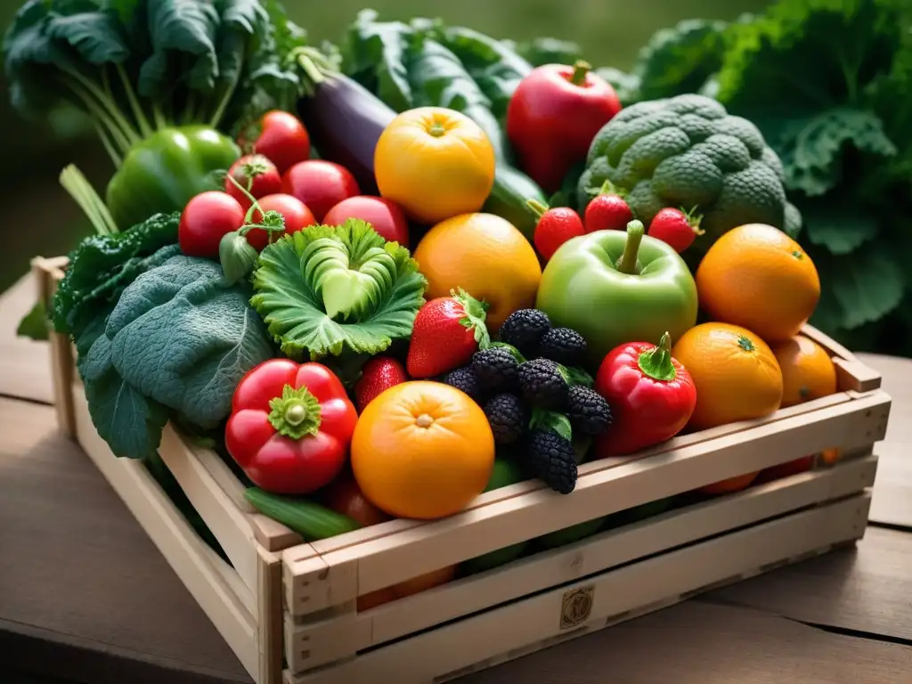 Una exquisita variedad de frutas y verduras frescas en una caja de madera