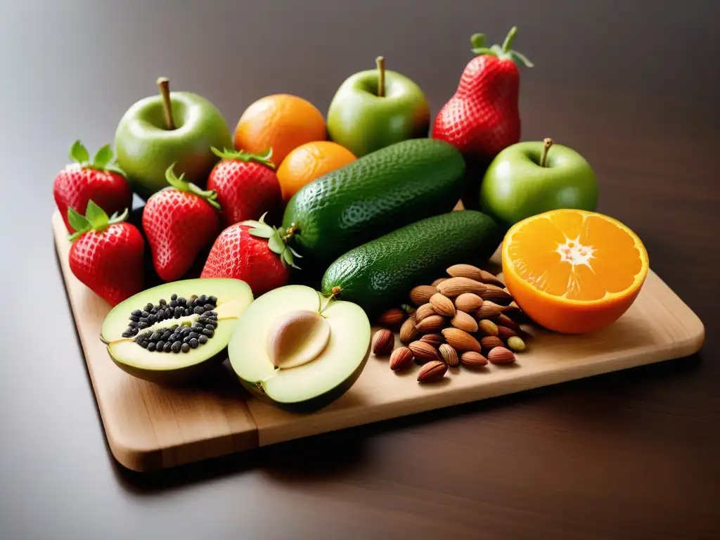 Una exquisita variedad de frutas, verduras, frutos secos y semillas frescos sobre tabla de madera