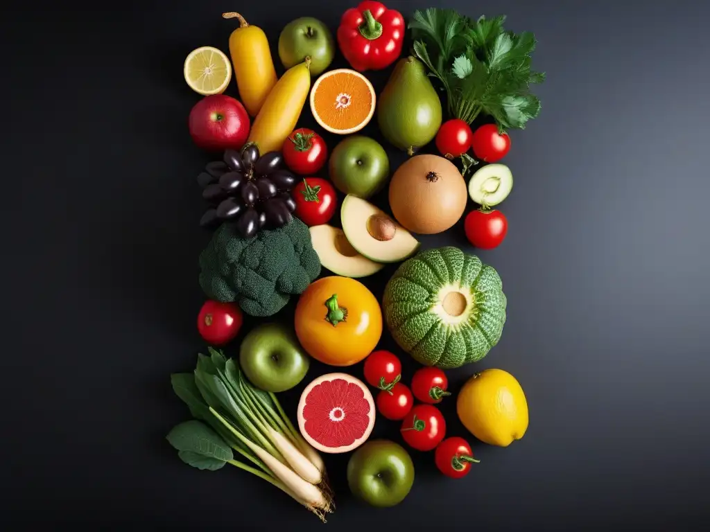 Una exquisita variedad de frutas y verduras coloridas, destacando la diversidad y frescura en la dieta vegana