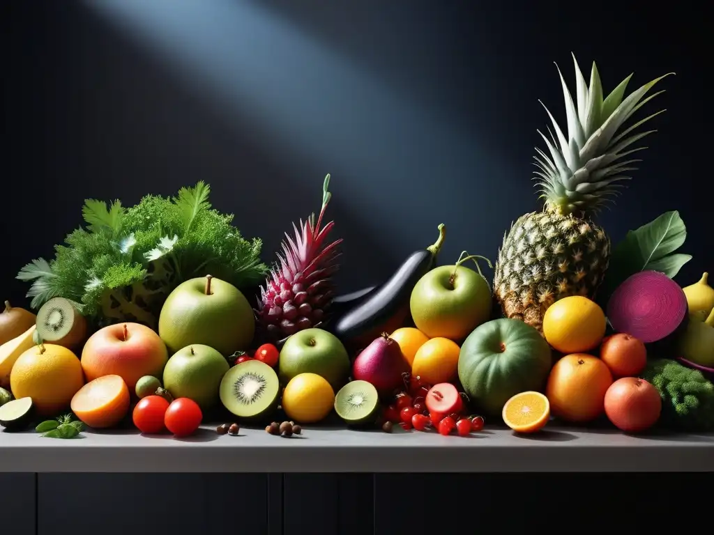 Una exquisita variedad de frutas y verduras vibrantes de todo el mundo en una cocina moderna