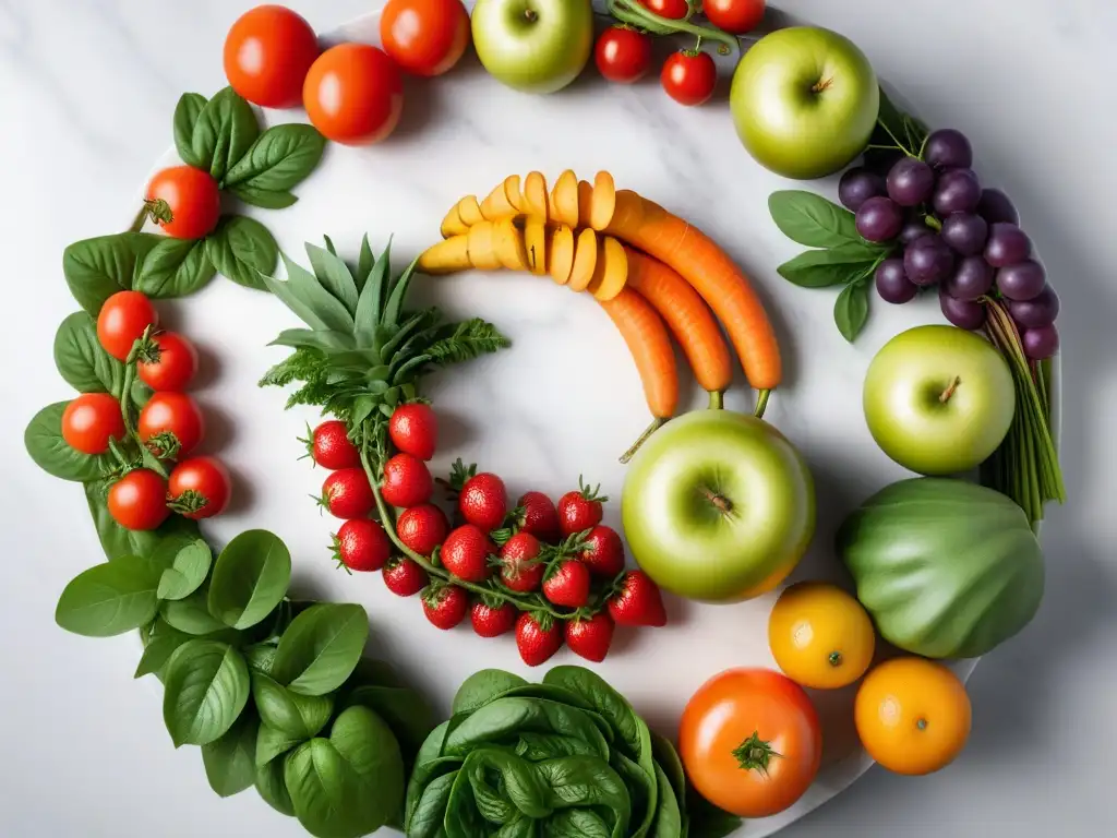 Una exquisita variedad de frutas y verduras frescas, organizadas en un patrón circular sobre una encimera de mármol blanco