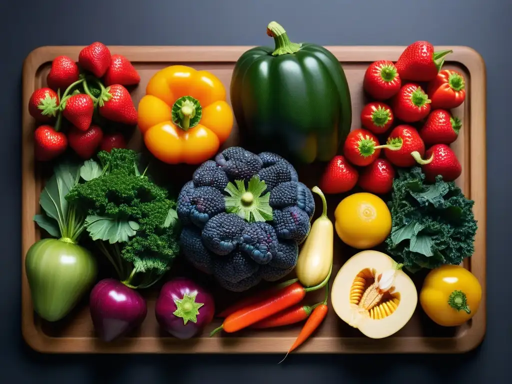 Una exquisita variedad de frutas y verduras frescas sobre tabla de madera