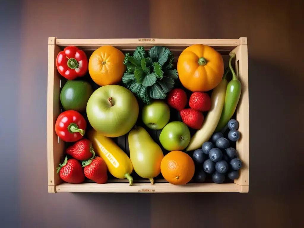 Una exquisita variedad de frutas y verduras frescas en una caja de madera, resaltando los Beneficios dieta vegana salud